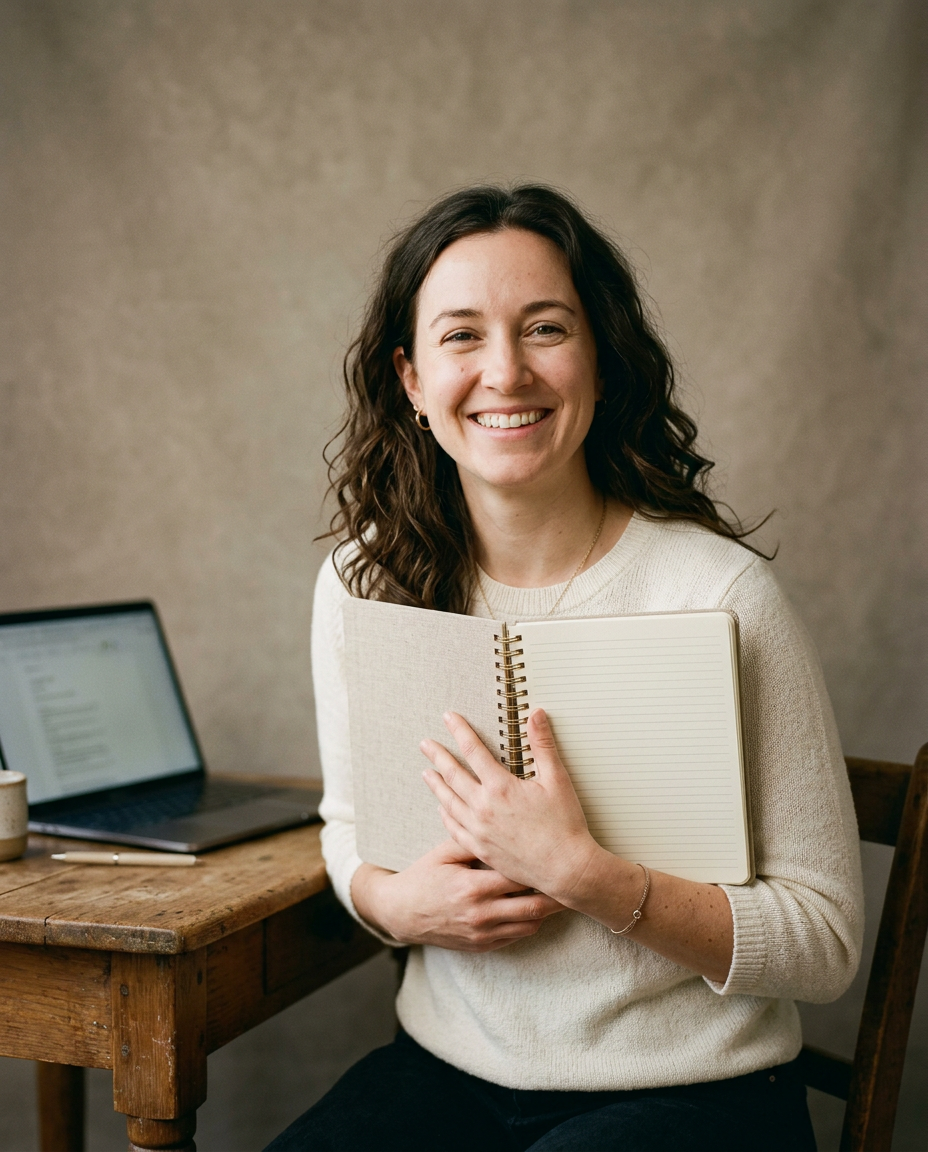A smiling woman at a wooden desk holding a spiral planner against her chest (generated image)